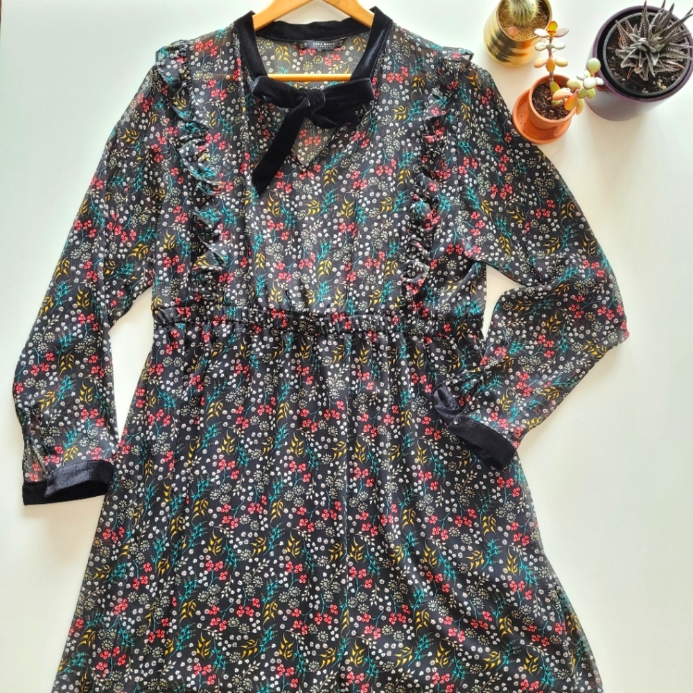Long sleeves floral dress with velour details and ruffles